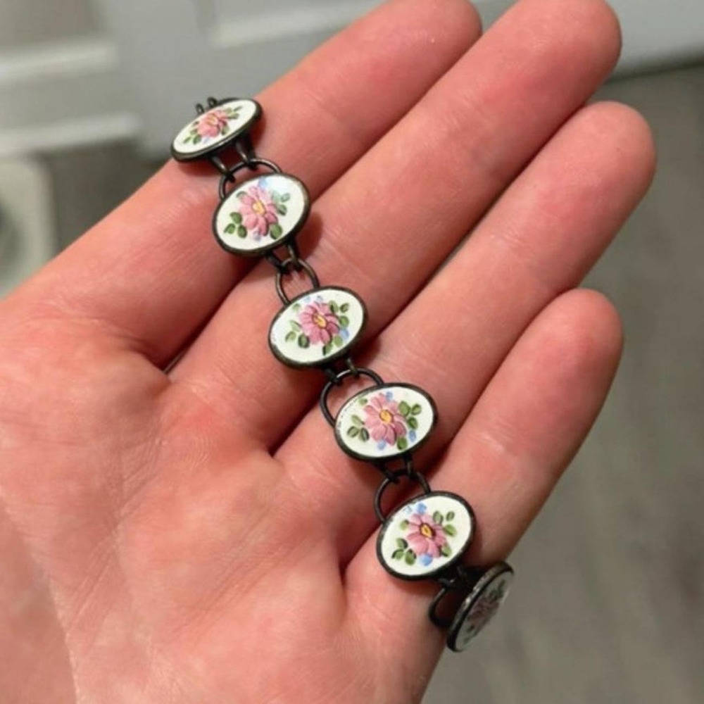 Antique Early 1900s Art Nouveau Floral Porcelain Panel Sterling Silver Bracelet